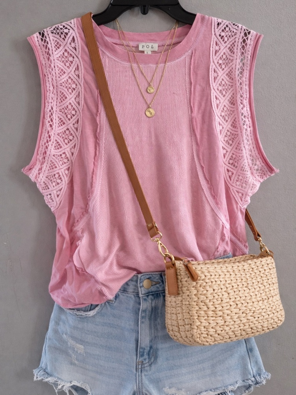 POL Pink Lace Trim Sleeveless Top Size Large Boho Waffle Knit Tank Cottagecore